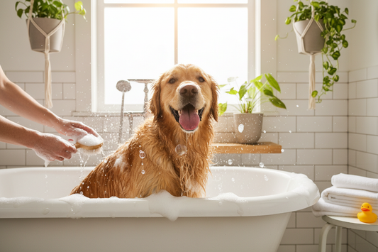 Dog happy to be washed in a bathtub